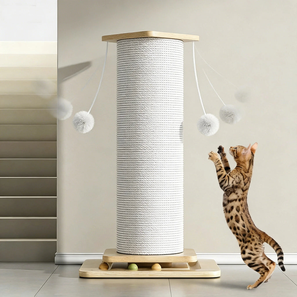 Tiragraffi per Gatti in Legno da 60CM/80CM con Giocattolo a Sfera Sospesa, Tavola in Sisal per Arrampicata e Tiragraffi per Famiglie di Gatti Multipli da Interno