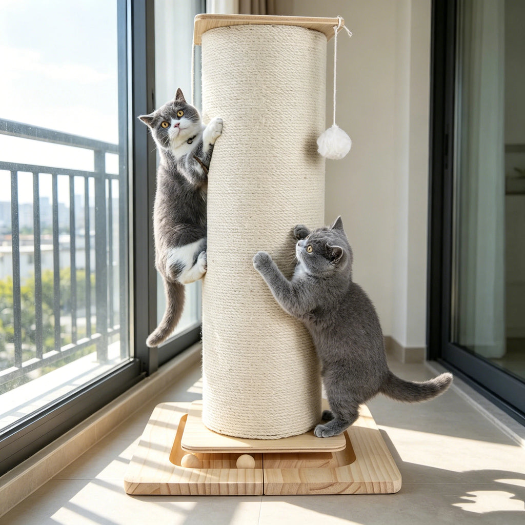Tiragraffi per gatti da 60cm/80cm con palla sospesa, pannello per artigli e blocco per arrampicata, base stabilizzata e allargata
