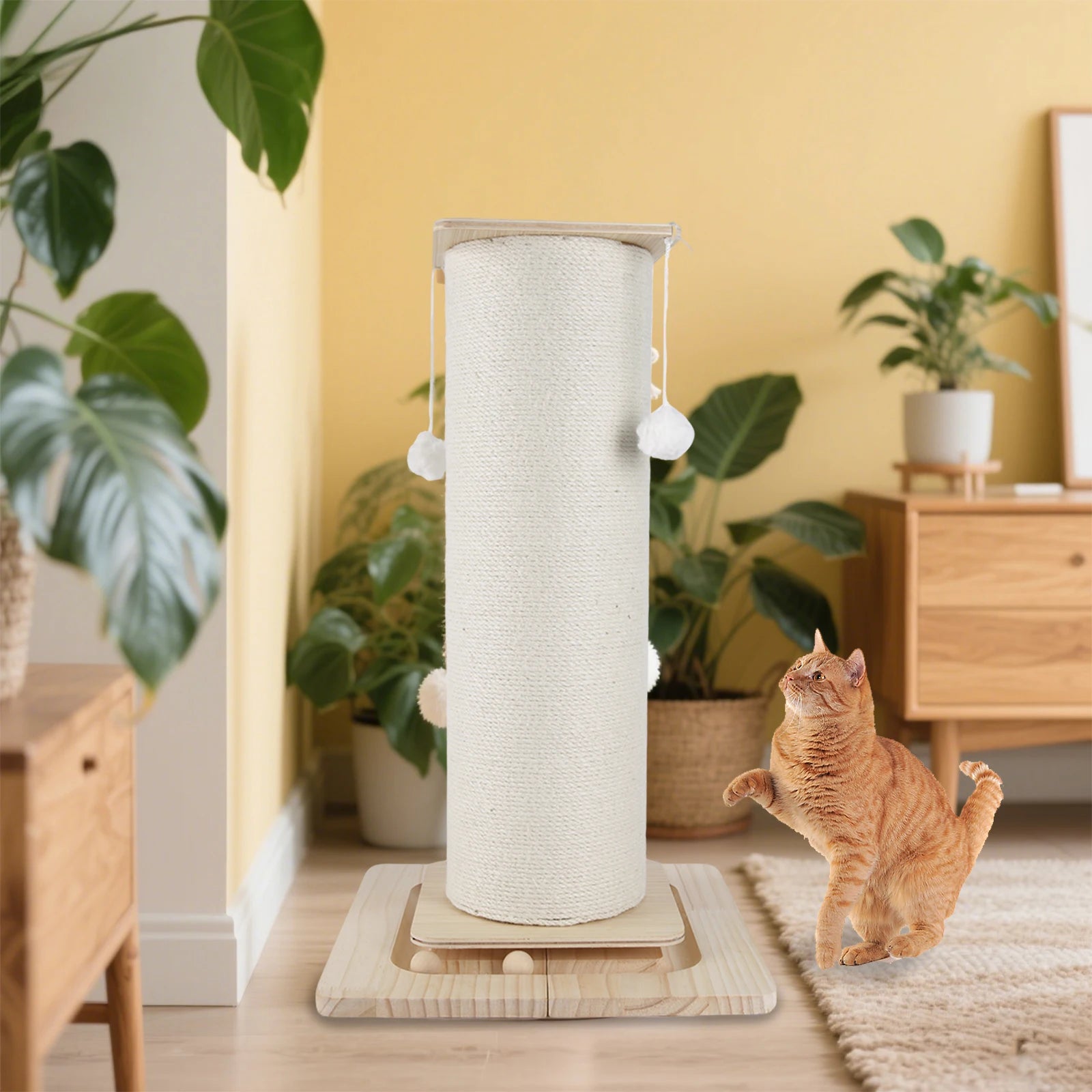 Tiragraffi per gatti da 60cm/80cm con palla sospesa, pannello per artigli e blocco per arrampicata, base stabilizzata e allargata