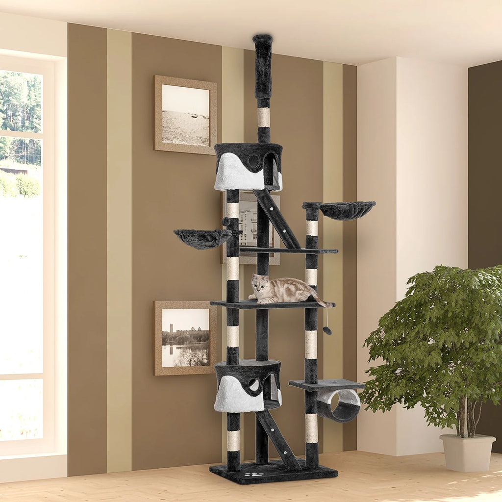 Tiragraffi per Gatti da Soffitto con Altezza Regolabile 240-260 cm, Tiragraffi Multilivello con Cucce e Amache