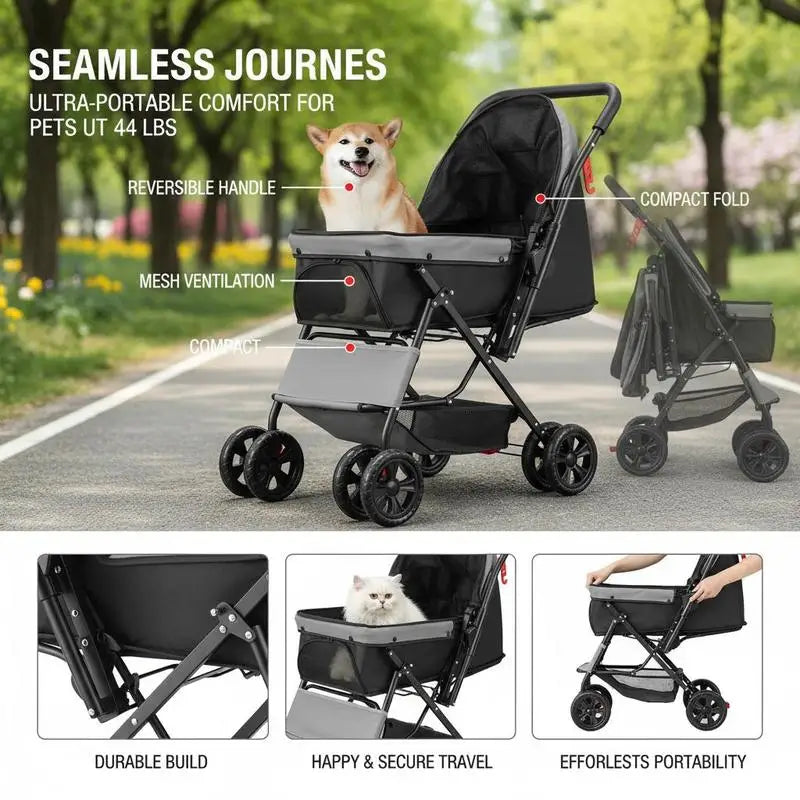 Passeggino Pieghevole per Cani e Animali Domestici, Capacità 20 kg, con 4 Ruote e Freni Posteriori, Finestre in Rete, Maniglia Reversibile, per Gatti e Animali Domestici di Taglia Piccola e Media