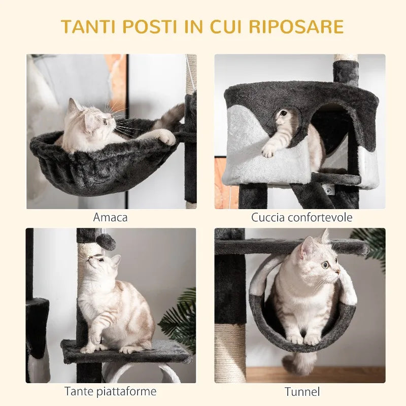 Tiragraffi per Gatti da Soffitto con Altezza Regolabile 240-260 cm, Tiragraffi Multilivello con Cucce e Amache