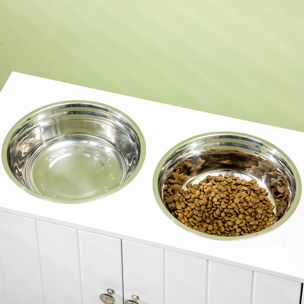 Ciotole per cani, stazione di alimentazione rialzata con 2 ciotole in acciaio inossidabile, supporto per ciotole per cani con contenitore da 44 litri, porte magnetiche, ciotola per cibo, ciotola per acqua, bianco