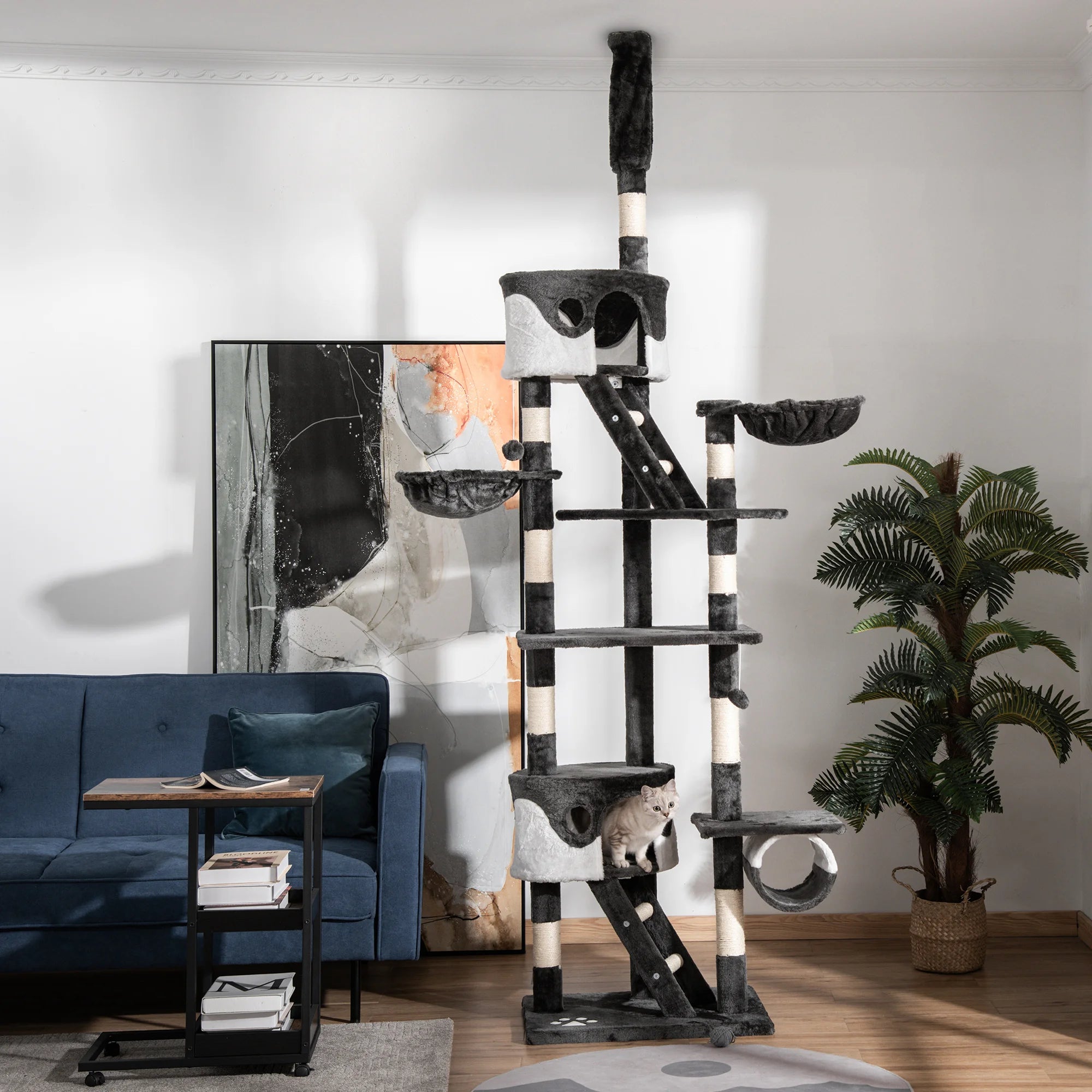 Tiragraffi per Gatti da Soffitto con Altezza Regolabile 240-260 cm, Tiragraffi Multilivello con Cucce e Amache