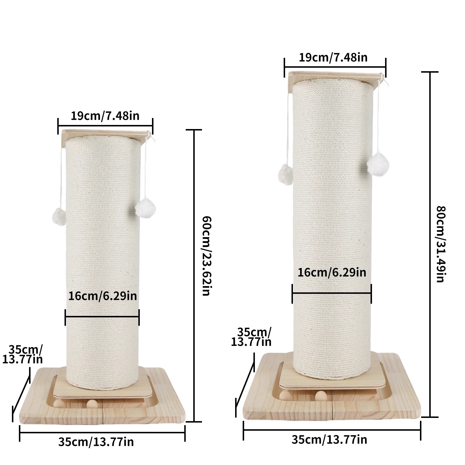 Tiragraffi per Gatti in Legno da 60CM/80CM con Giocattolo a Sfera Sospesa, Tavola in Sisal per Arrampicata e Tiragraffi per Famiglie di Gatti Multipli da Interno