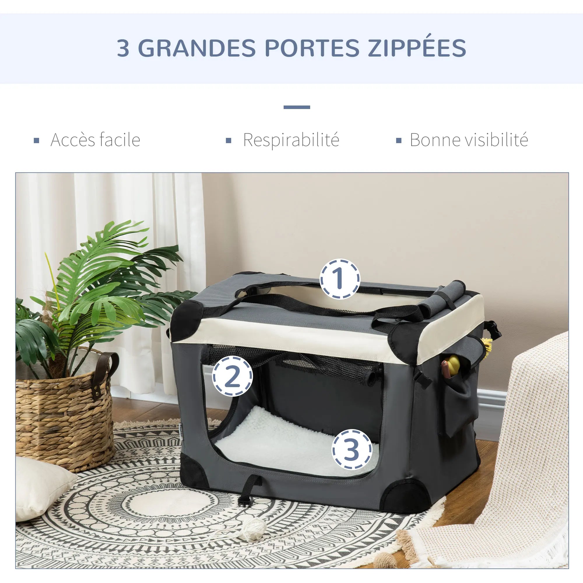 Trasportino per animali PawHut, borsa a mano pieghevole, portatile, nero/grigio, con apertura.