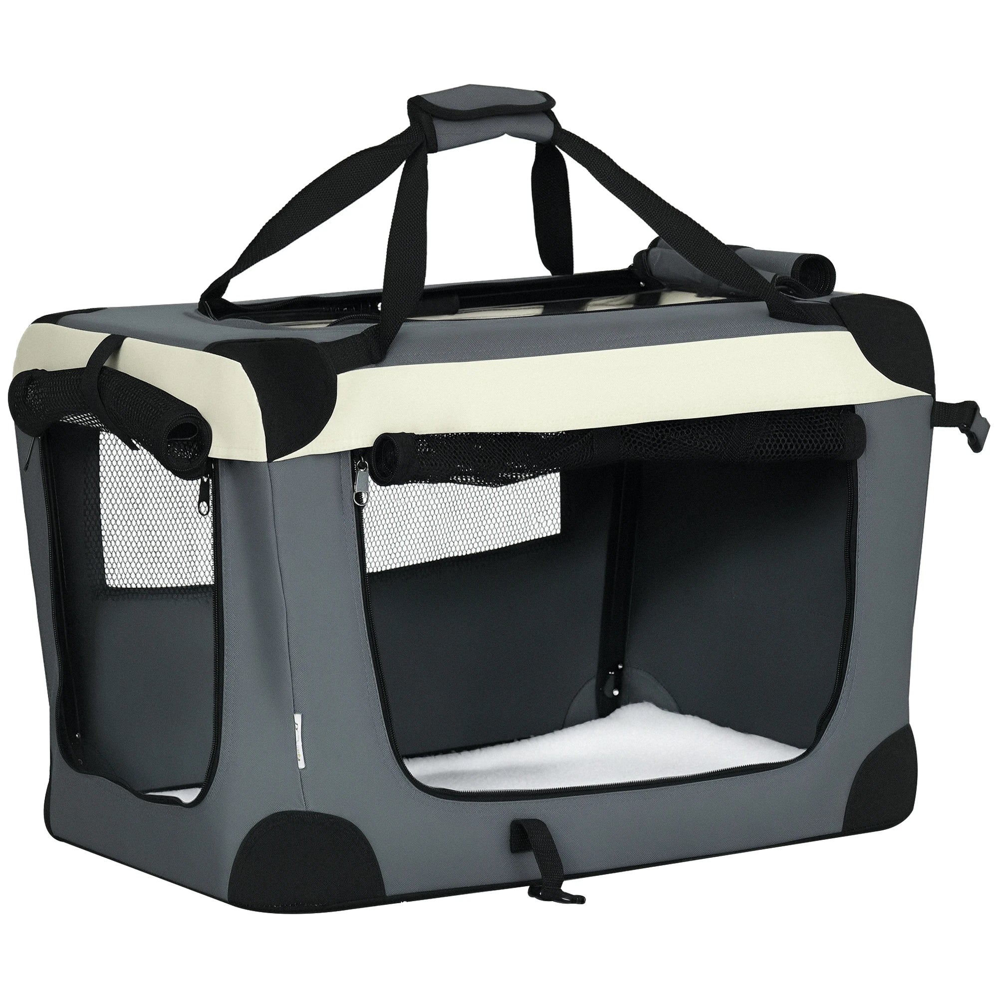 Trasportino per animali PawHut, borsa a mano pieghevole, portatile, nero/grigio, con apertura.