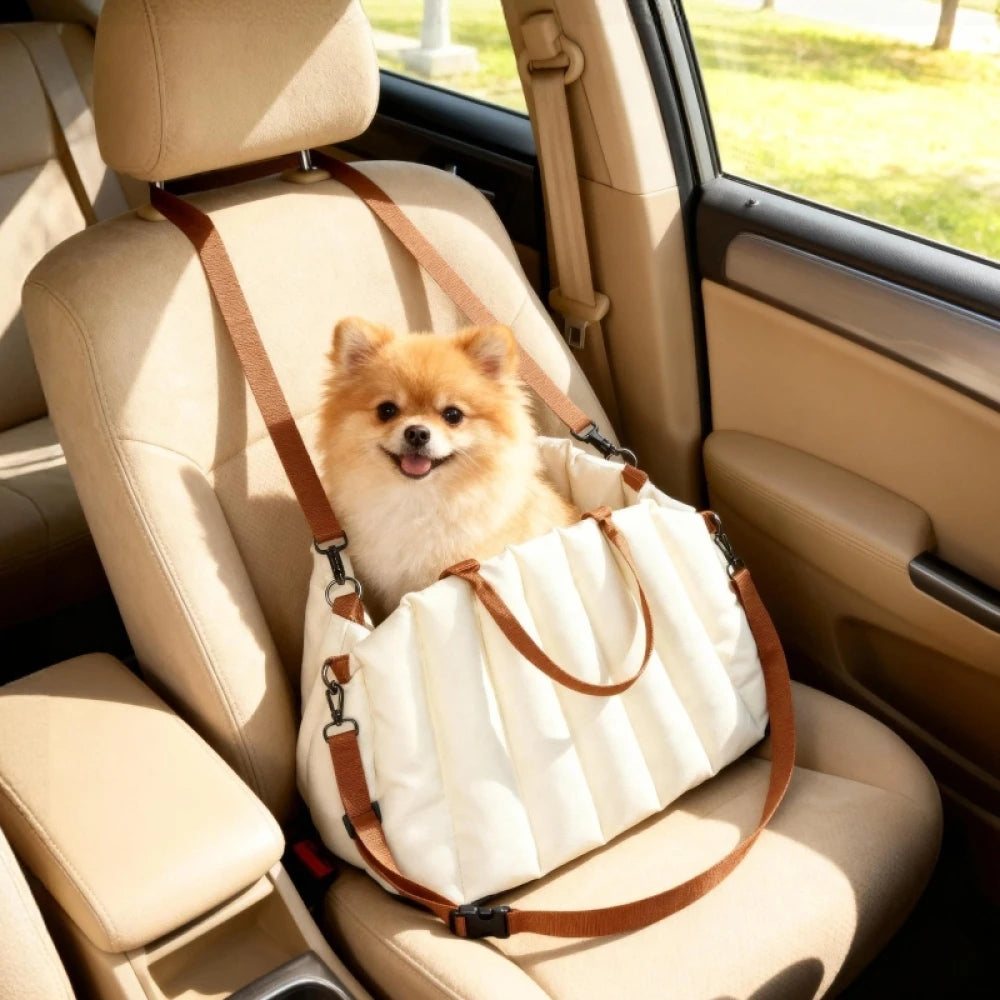 Borsa da trasporto per cani sotto i 5 kg, 2 cinghie, tessuto Oxford, cuscino, guinzaglio, bianco crema
