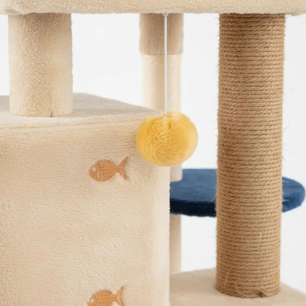 Grande Albero per Gatti in Legno con Motivo a Pesce, Tiragraffi e Torre per Arrampicarsi, Arredo Interno Accogliente per Gatti, Beige