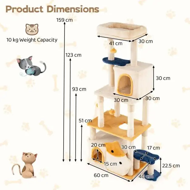 Grande Albero per Gatti in Legno con Motivo a Pesce, Tiragraffi e Torre per Arrampicarsi, Arredo Interno Accogliente per Gatti, Beige
