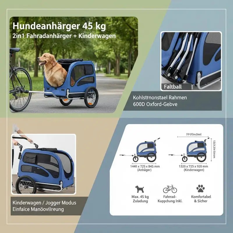 Rimorchio per Bicicletta Pieghevole per Cani, Capacità 45 kg, Passeggino per Animali Domestici 2-in-1, Telaio Facile da Piegare con Ruote a Sgancio Rapido, Attacco Universale per Bicicletta, Catarifrangenti, Bandiera, Blu/Ne