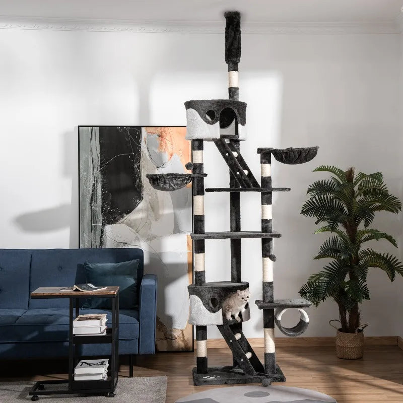 Tiragraffi per Gatti da Soffitto con Altezza Regolabile 240-260 cm, Tiragraffi Multilivello con Cucce e Amache