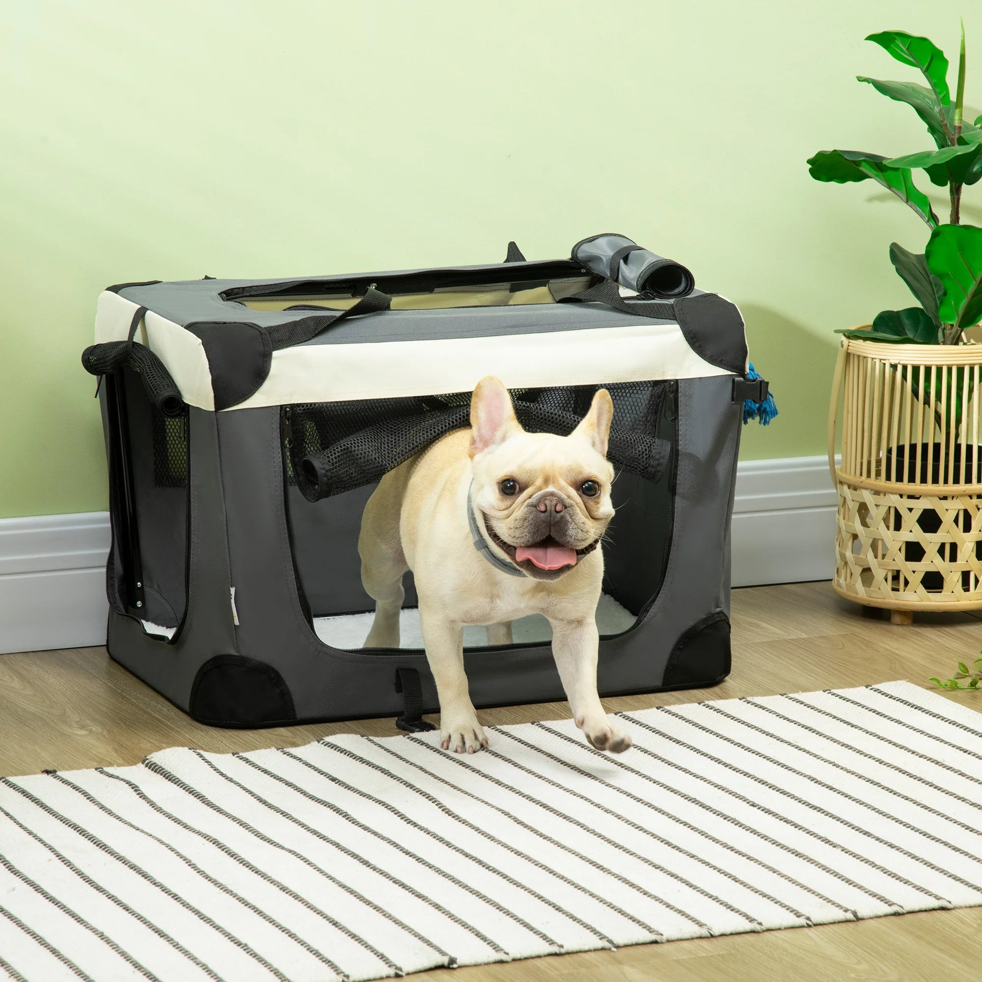 Trasportino per animali PawHut, borsa a mano pieghevole, portatile, nero/grigio, con apertura.