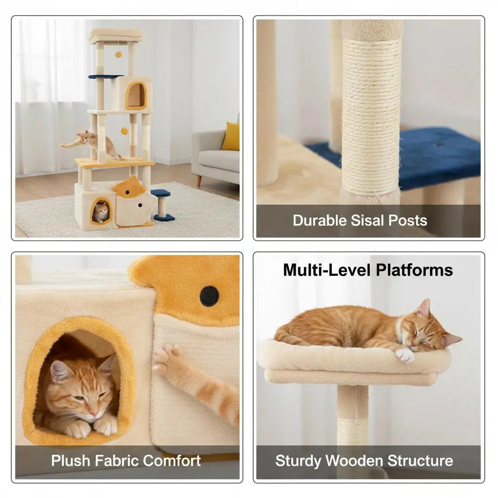 Grande Albero per Gatti in Legno con Motivo a Pesce, Tiragraffi e Torre per Arrampicarsi, Arredo Interno Accogliente per Gatti, Beige