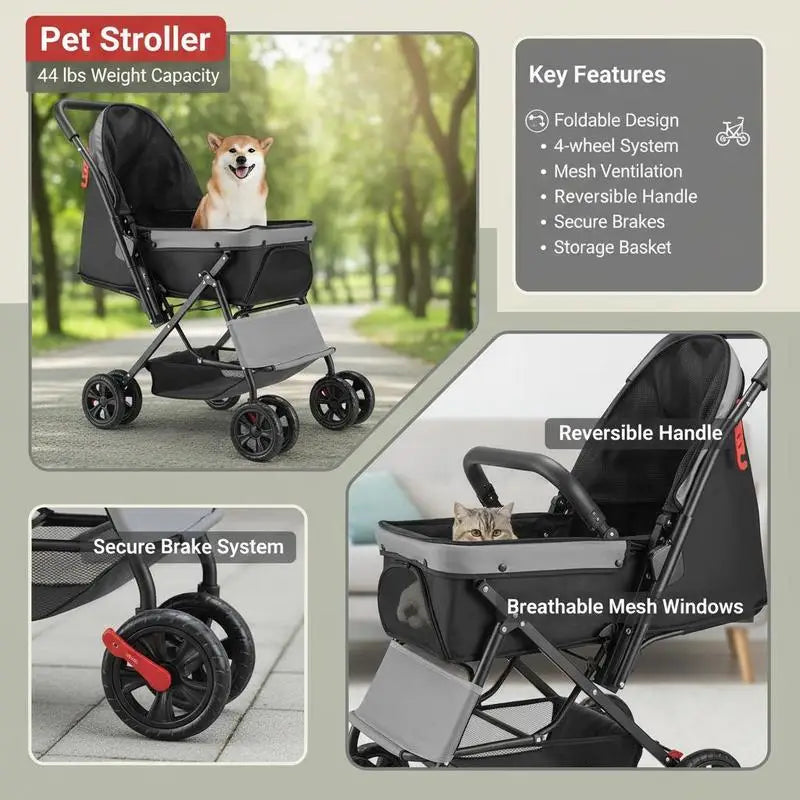 Passeggino Pieghevole per Cani e Animali Domestici, Capacità 20 kg, con 4 Ruote e Freni Posteriori, Finestre in Rete, Maniglia Reversibile, per Gatti e Animali Domestici di Taglia Piccola e Media