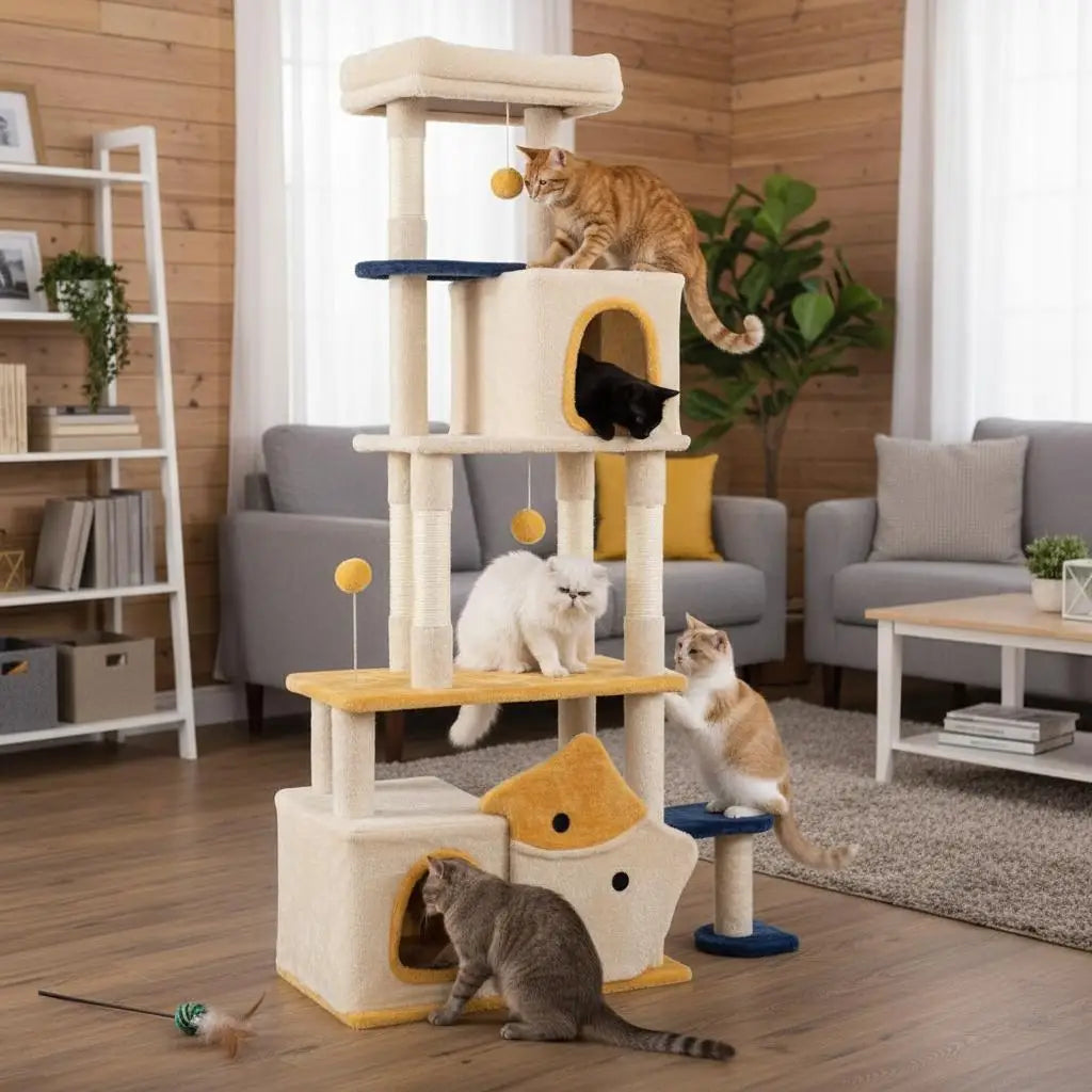 Grande Albero per Gatti in Legno con Motivo a Pesce, Tiragraffi e Torre per Arrampicarsi, Arredo Interno Accogliente per Gatti, Beige