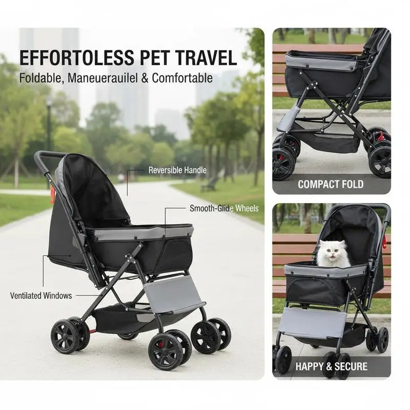 Passeggino Pieghevole per Cani e Animali Domestici, Capacità 20 kg, con 4 Ruote e Freni Posteriori, Finestre in Rete, Maniglia Reversibile, per Gatti e Animali Domestici di Taglia Piccola e Media