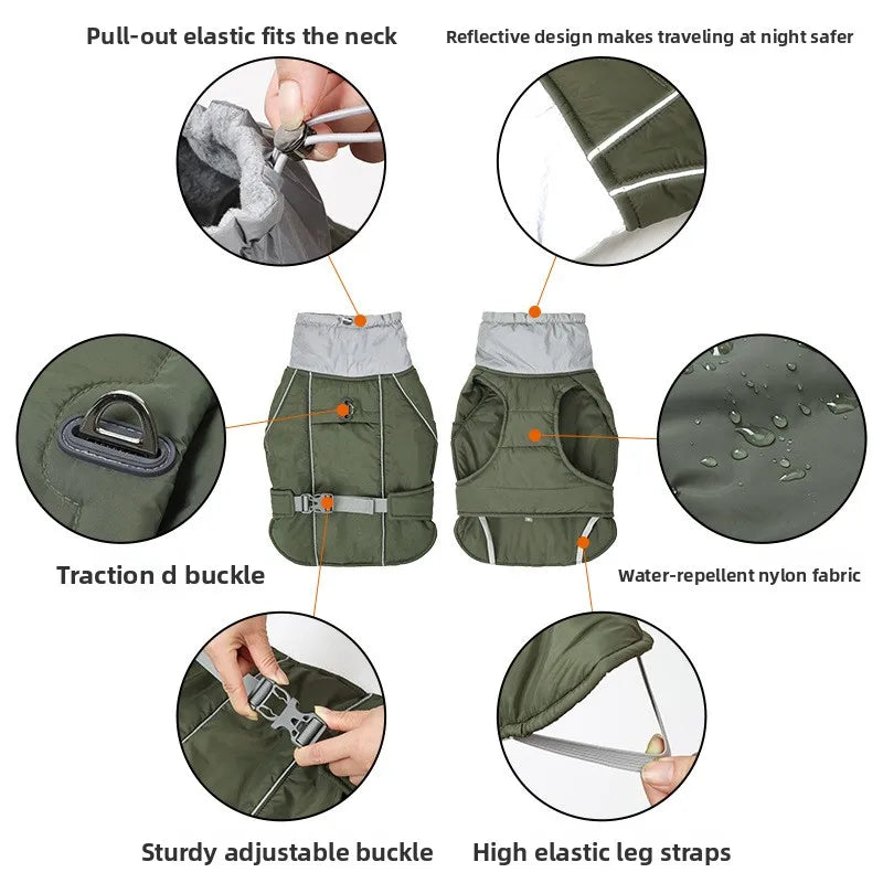 Giacca invernale impermeabile per cani con strisce riflettenti, cappotto spesso e caldo per animali domestici, regolabile con anello a D, S-3XL