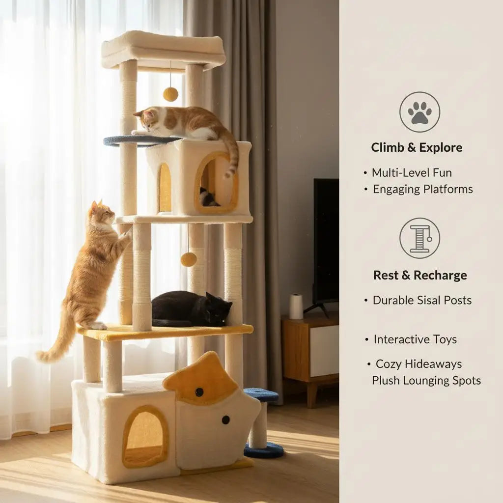Grande Albero per Gatti in Legno con Motivo a Pesce, Tiragraffi e Torre per Arrampicarsi, Arredo Interno Accogliente per Gatti, Beige