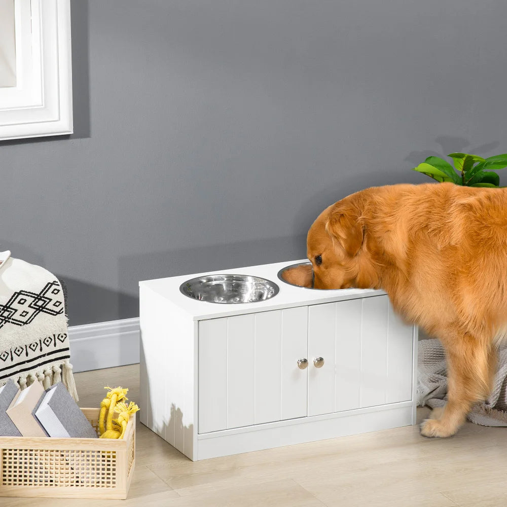 Ciotole per cani, stazione di alimentazione rialzata con 2 ciotole in acciaio inossidabile, supporto per ciotole per cani con contenitore da 44 litri, porte magnetiche, ciotola per cibo, ciotola per acqua, bianco