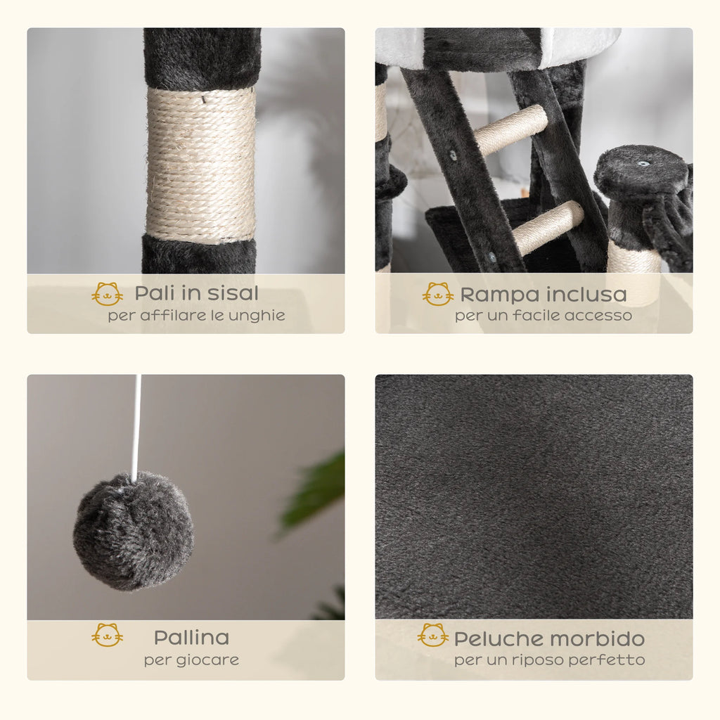 Tiragraffi per Gatti da Soffitto con Altezza Regolabile 240-260 cm, Tiragraffi Multilivello con Cucce e Amache