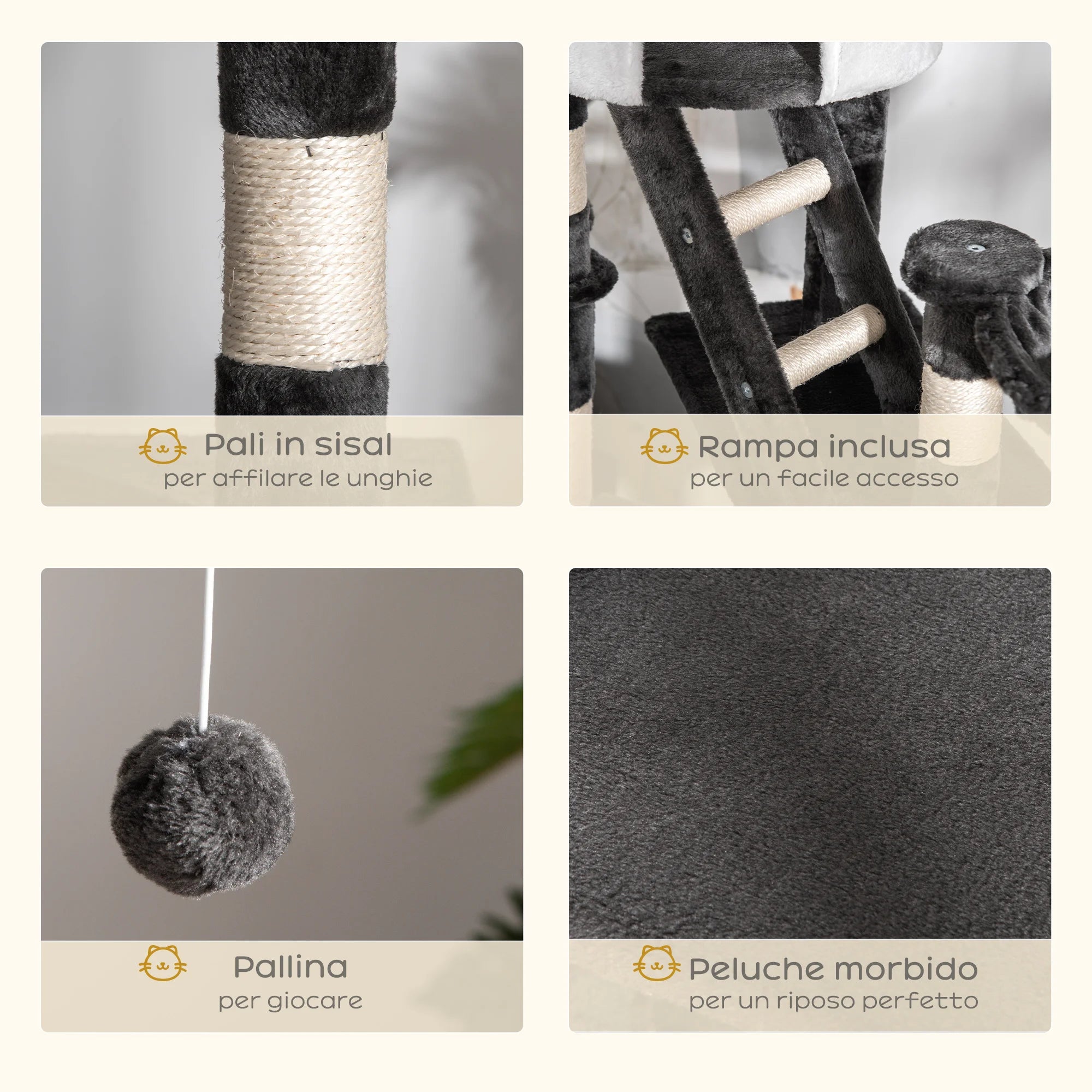 Tiragraffi per Gatti da Soffitto con Altezza Regolabile 240-260 cm, Tiragraffi Multilivello con Cucce e Amache