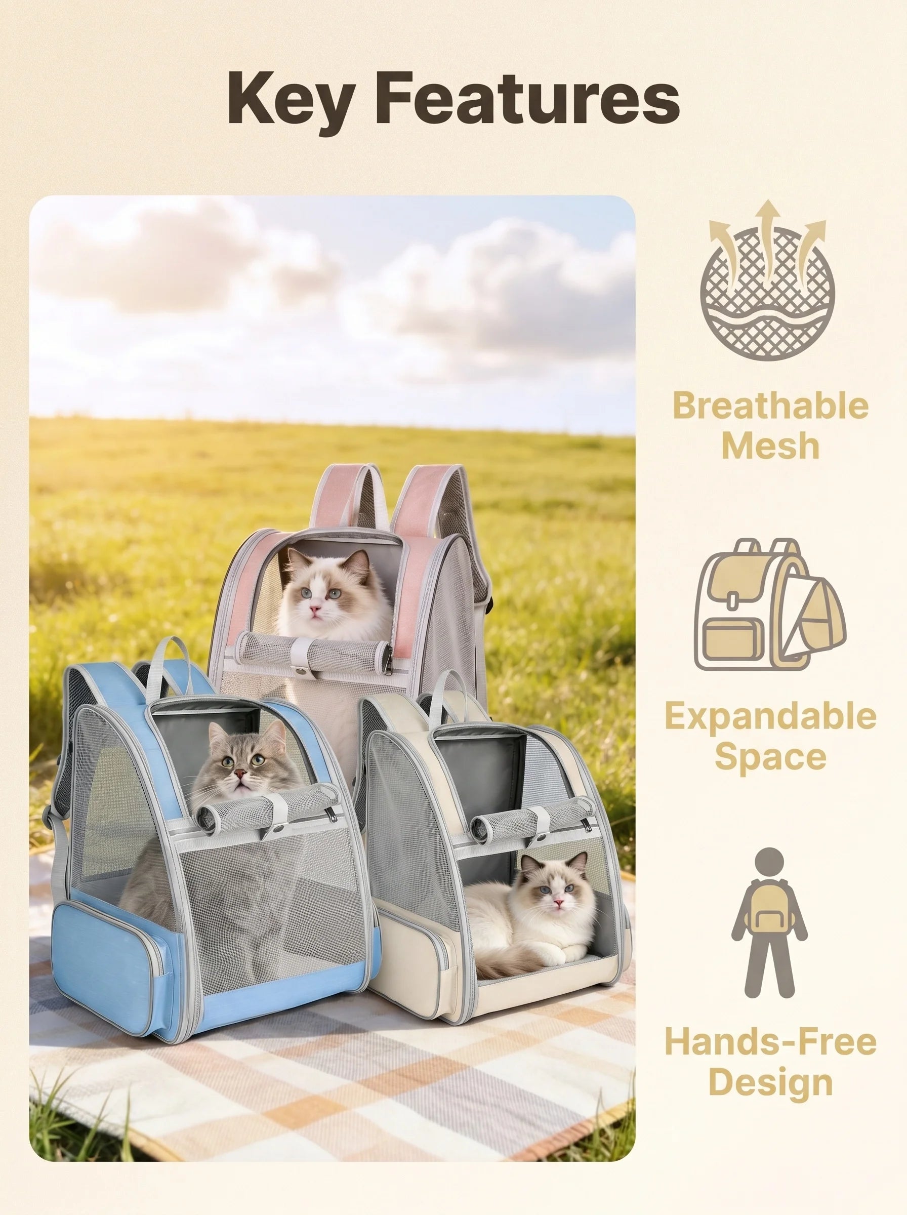 Zaino per gatti espandibile, zaino da viaggio per animali domestici traspirante con design ergonomico, zaino per gatti pieghevole a mani libere per cani piccoli, borsa per animali per escursionismo e viaggio
