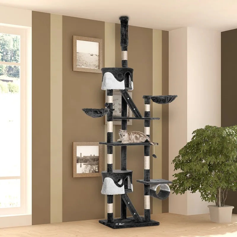 Tiragraffi per Gatti da Soffitto con Altezza Regolabile 240-260 cm, Tiragraffi Multilivello con Cucce e Amache