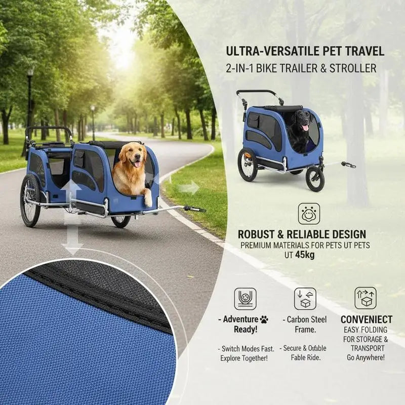 Rimorchio per Bicicletta Pieghevole per Cani, Capacità 45 kg, Passeggino per Animali Domestici 2-in-1, Telaio Facile da Piegare con Ruote a Sgancio Rapido, Attacco Universale per Bicicletta, Catarifrangenti, Bandiera, Blu/Ne