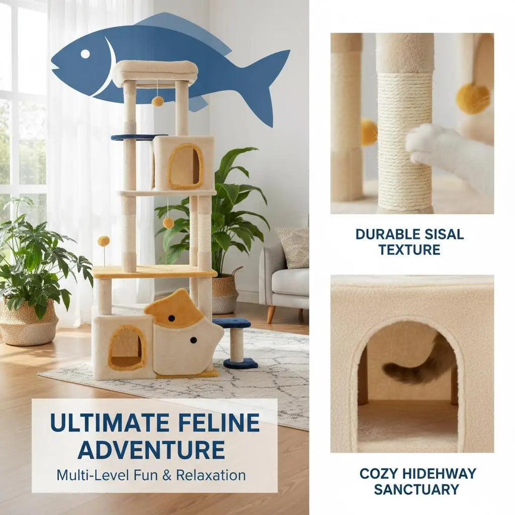 Grande Albero per Gatti in Legno con Motivo a Pesce, Tiragraffi e Torre per Arrampicarsi, Arredo Interno Accogliente per Gatti, Beige