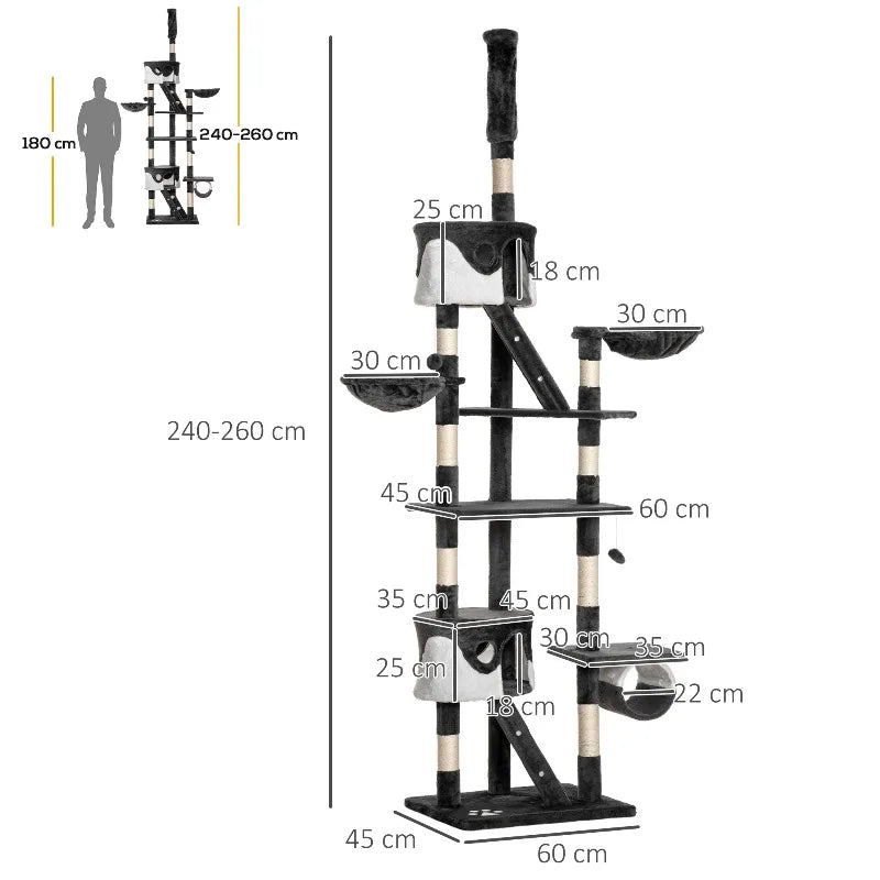 Tiragraffi per Gatti da Soffitto con Altezza Regolabile 240-260 cm, Tiragraffi Multilivello con Cucce e Amache