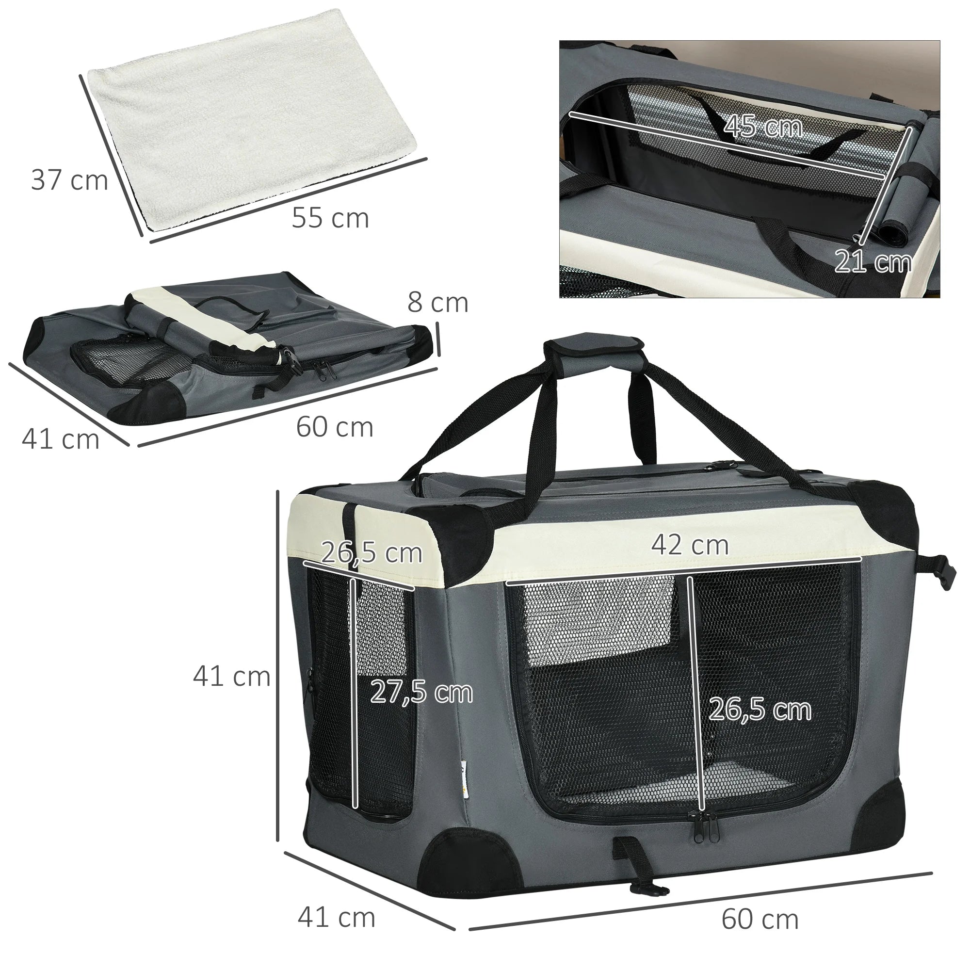 Trasportino per animali PawHut, borsa a mano pieghevole, portatile, nero/grigio, con apertura.