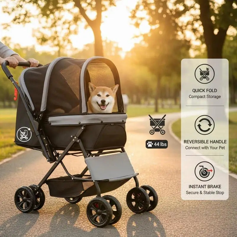 Passeggino Pieghevole per Cani e Animali Domestici, Capacità 20 kg, con 4 Ruote e Freni Posteriori, Finestre in Rete, Maniglia Reversibile, per Gatti e Animali Domestici di Taglia Piccola e Media