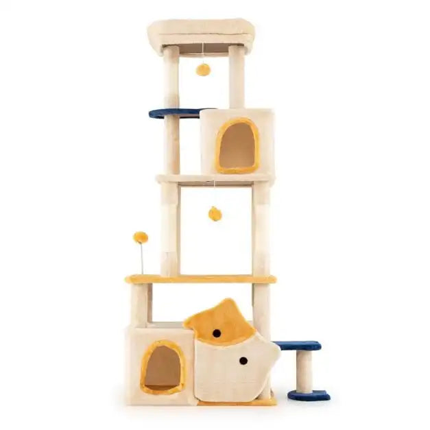 Grande Albero per Gatti in Legno con Motivo a Pesce, Tiragraffi e Torre per Arrampicarsi, Arredo Interno Accogliente per Gatti, Beige