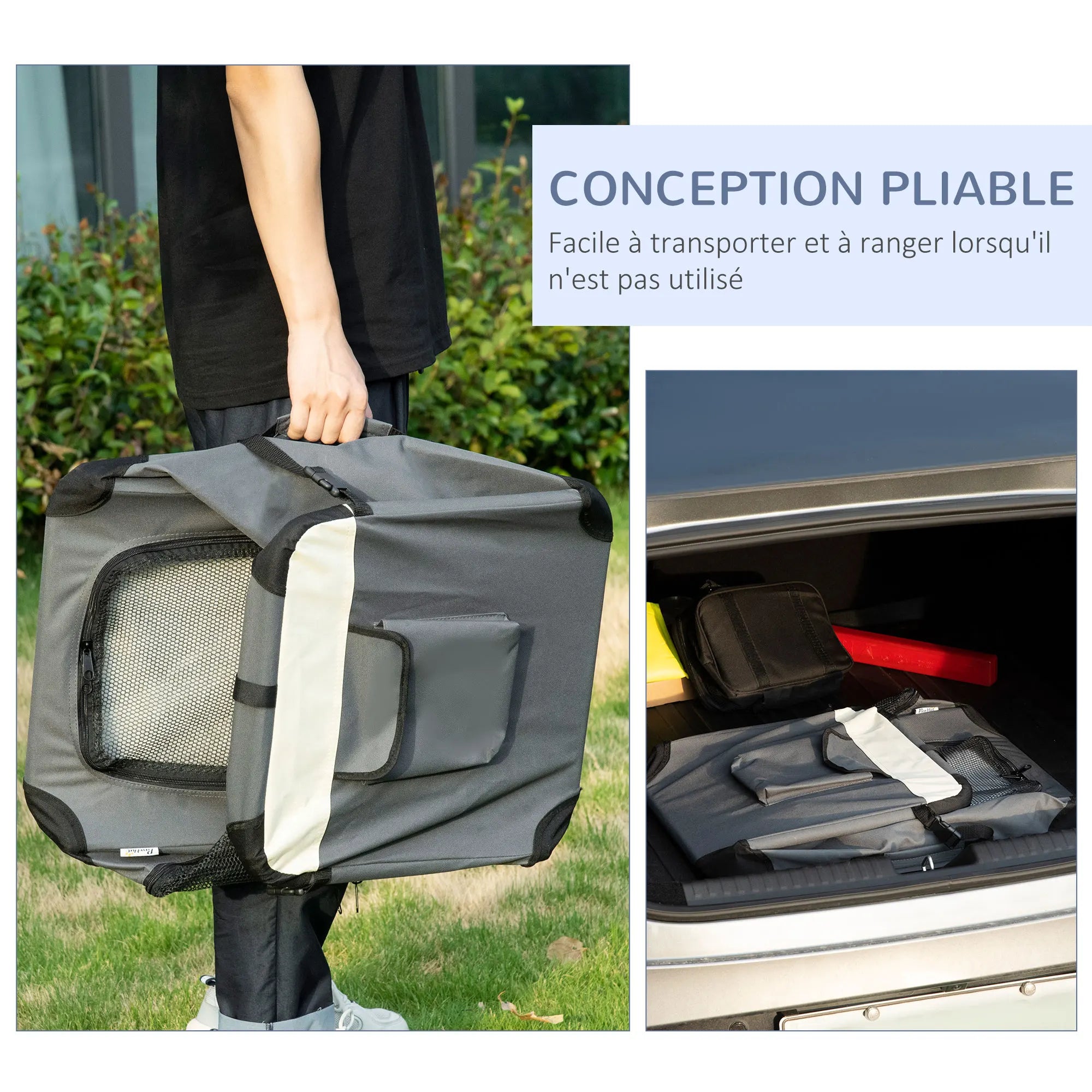 Trasportino per animali PawHut, borsa a mano pieghevole, portatile, nero/grigio, con apertura.