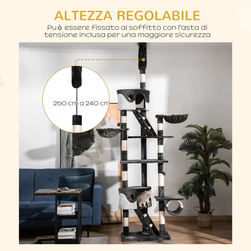 Tiragraffi per Gatti da Soffitto con Altezza Regolabile 240-260 cm, Tiragraffi Multilivello con Cucce e Amache