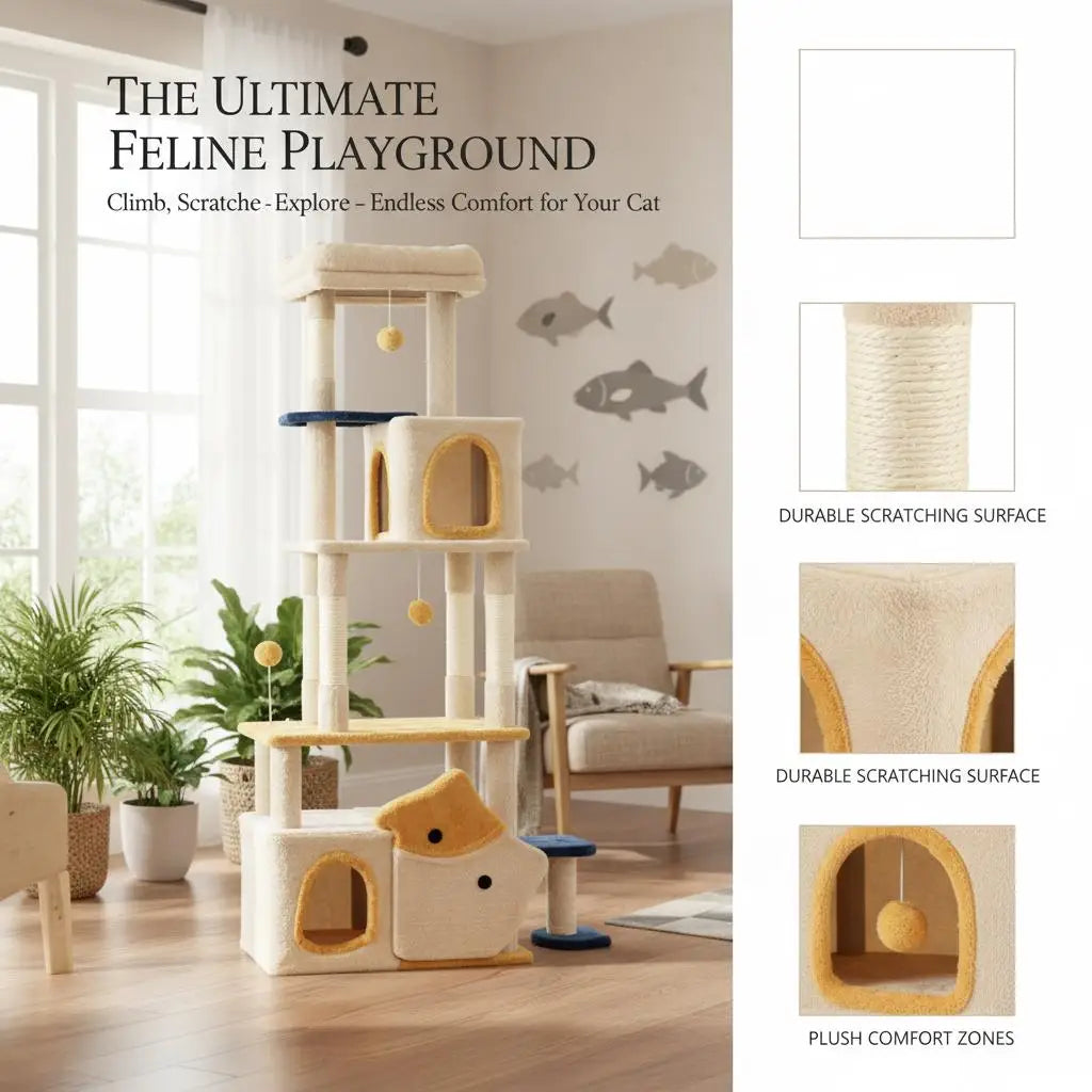 Grande Albero per Gatti in Legno con Motivo a Pesce, Tiragraffi e Torre per Arrampicarsi, Arredo Interno Accogliente per Gatti, Beige